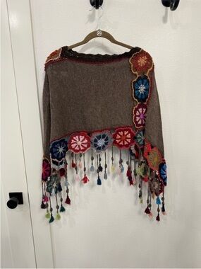 New Anthropologie Handmade Woven Alpaca Wool Fur Shrug Poncho Floral Boho $200